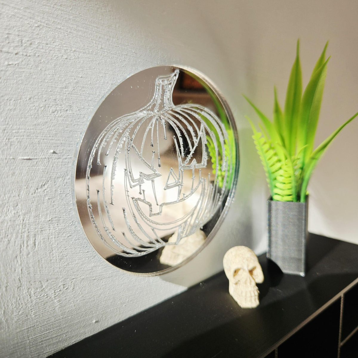 Miniature Round Pumpkin Mirror Silver Acrylic Halloween Wall Art