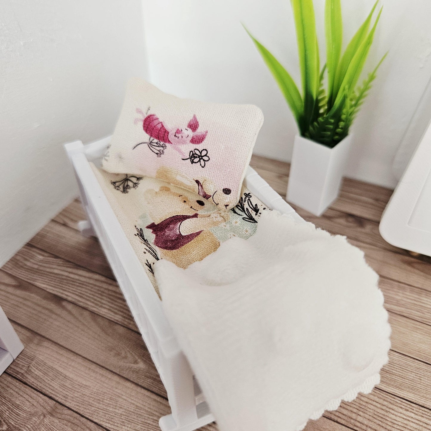 Dolls House Crib Bedding – Winnie the Pooh Design, 1:12 Scale