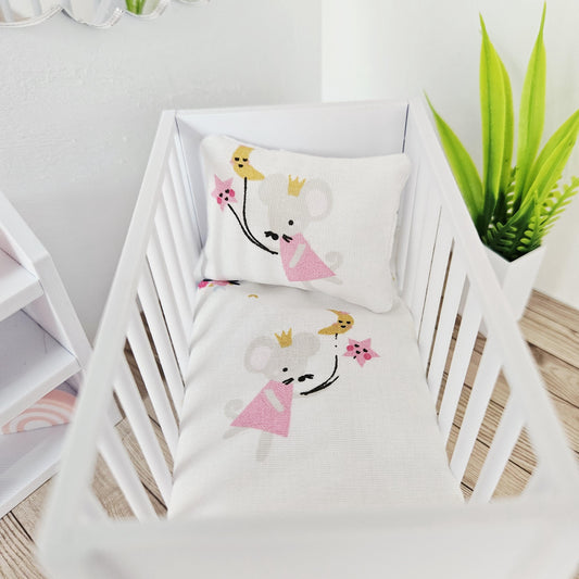 Pink Mouse Cot Bedding Set – alternate view 2 | 1:12 scale dolls house miniature
