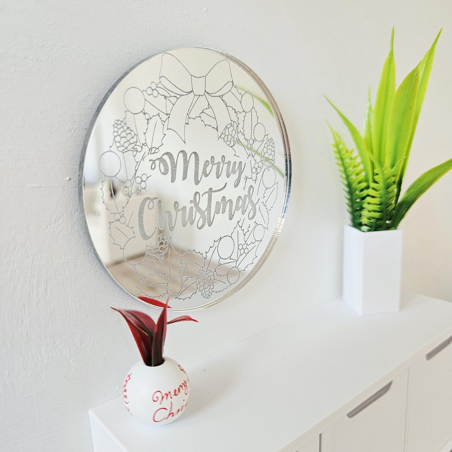 Miniature Merry Christmas Round Mirror – 1:12 Scale Dollhouse Silver Acrylic Wreath