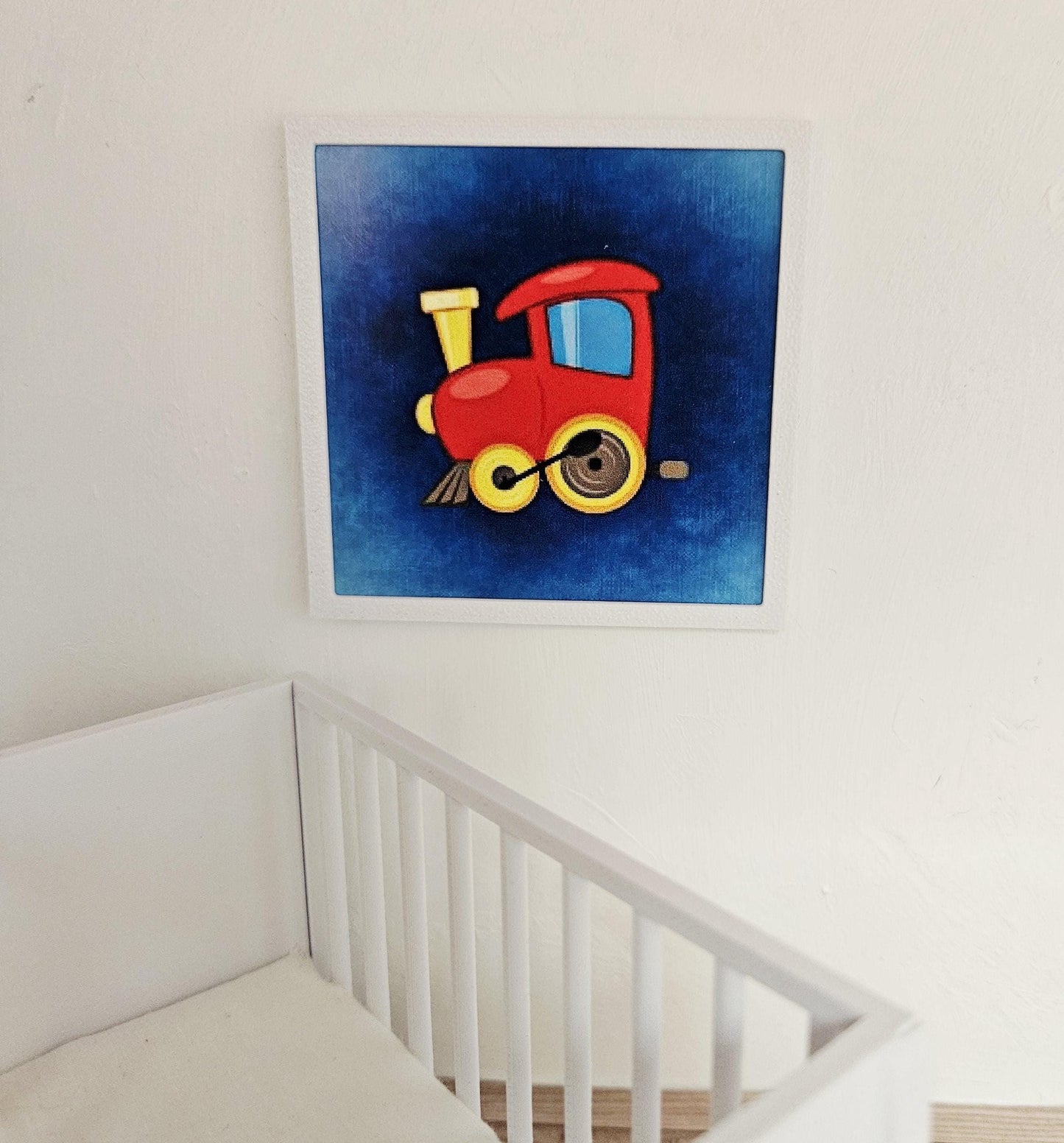 Dolls House Modern Framed Train Picture, Miniature Nursery Wall Art, 12th Scale