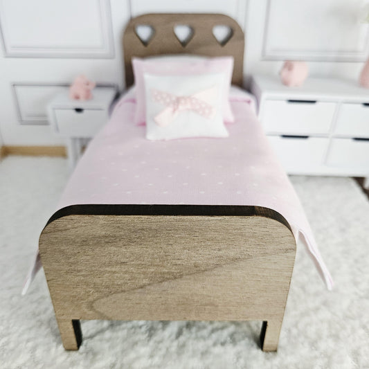 Walnut Single Bed with Heart Detail – alternate view 2 | 1:12 scale dolls house miniature