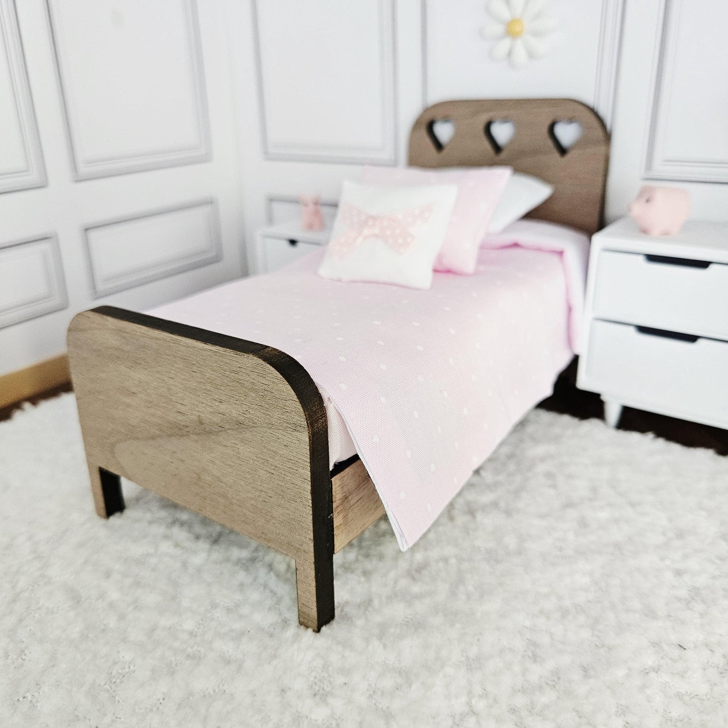 Dolls House Single Bed with Heart Cut-Outs | Real Walnut Veneer | 1:12 Scale