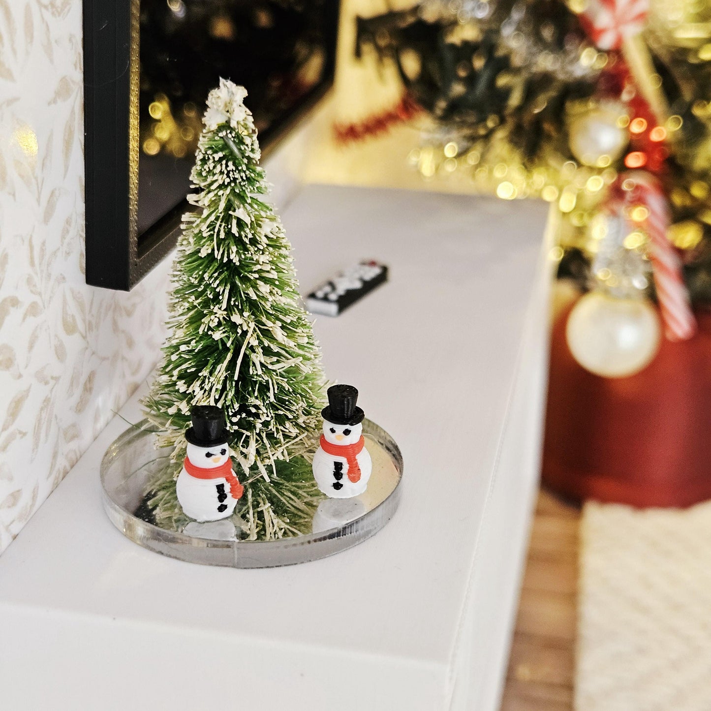 Dolls House Christmas Ornament | Miniature Tree & Snowmen on Mirror Base | 1:12 Scale