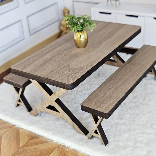 Walnut Dining Table & Bench Set – alternate view 2 | 1:12 scale dolls house miniature