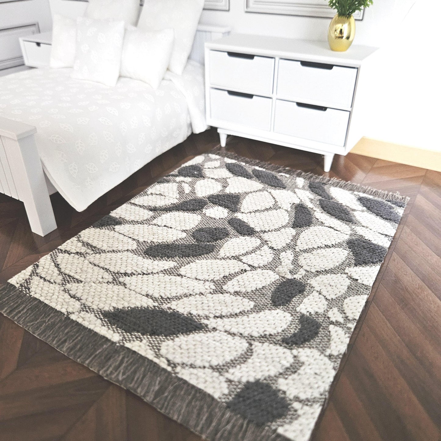 Dolls House Modern Dark Grey and White Pattern Rug
