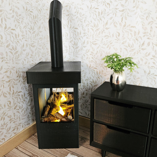 Black Log Burner Fireplace with Light – alternate view 2 | 1:12 scale dolls house miniature