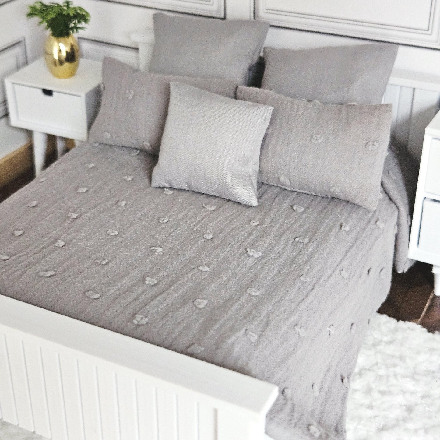 Dolls House Bedding Set: Grey Miniature Double Bed (12th Scale)