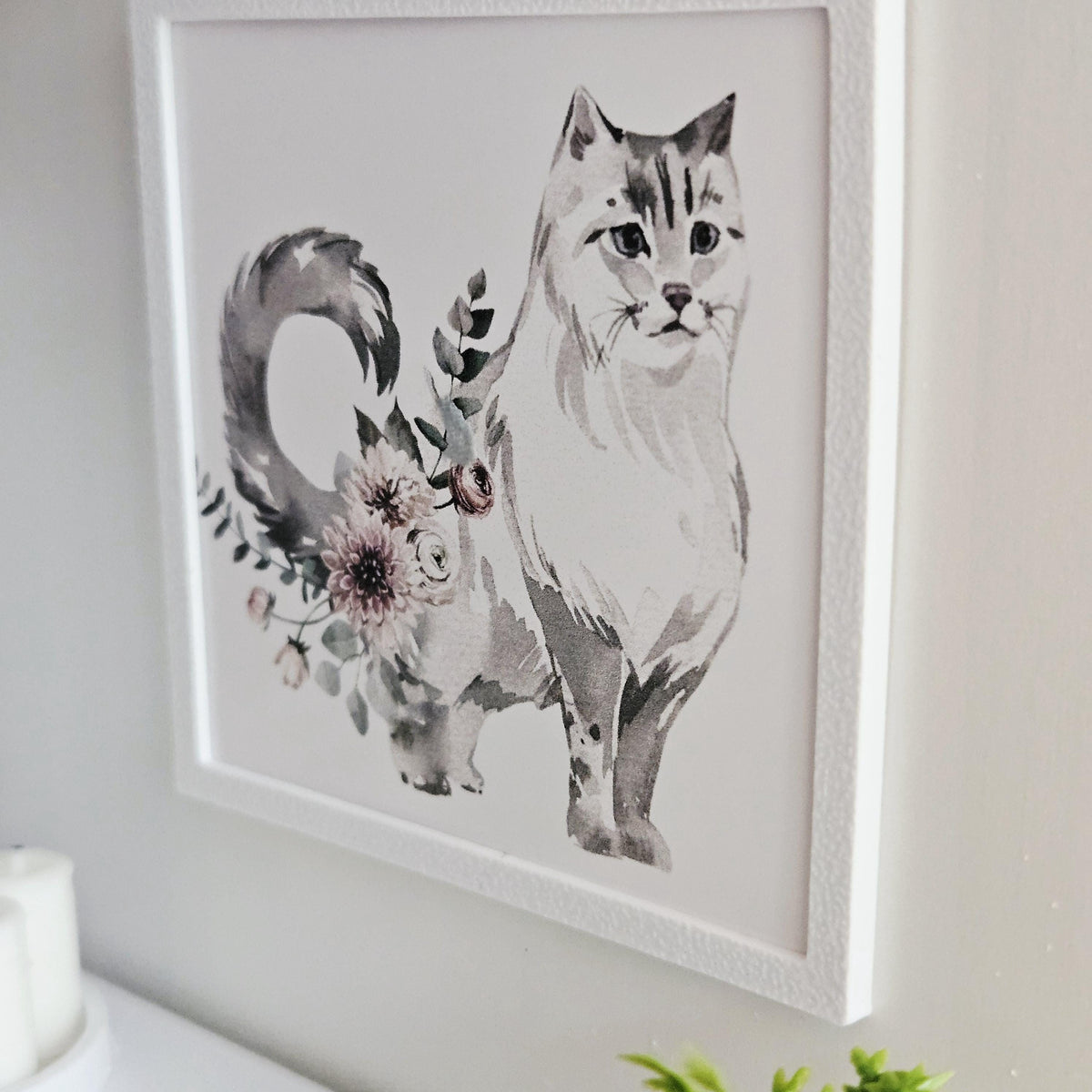 Dolls House Cat Print | Miniature Framed Wall Art, Floral cat picture