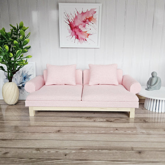 Pink Modern Sofa with 2 Cushions – alternate view 2 | 1:12 scale dolls house miniature