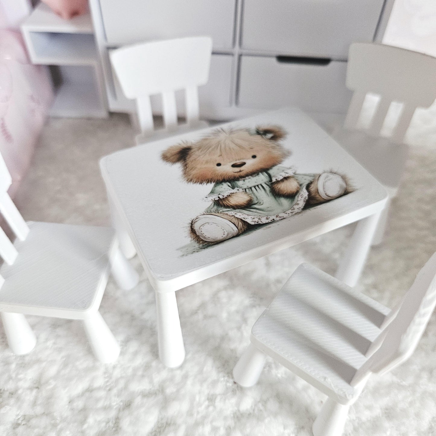 Dolls House Children’s Table & Chairs Set | Teddy Bear Design | 1:12 Scale Miniature Furniture