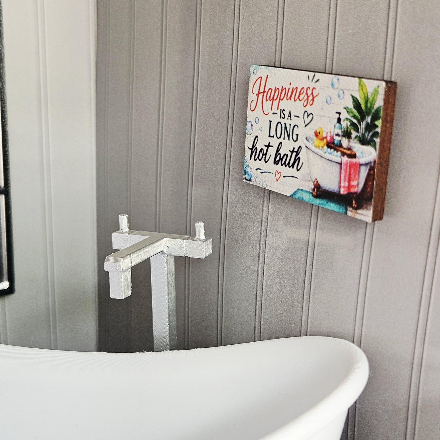 Dolls House Bathroom Wall Sign | “Happiness Is a Long Hot Bath” | Mini Wooden Wall Art | 1:12 Scale