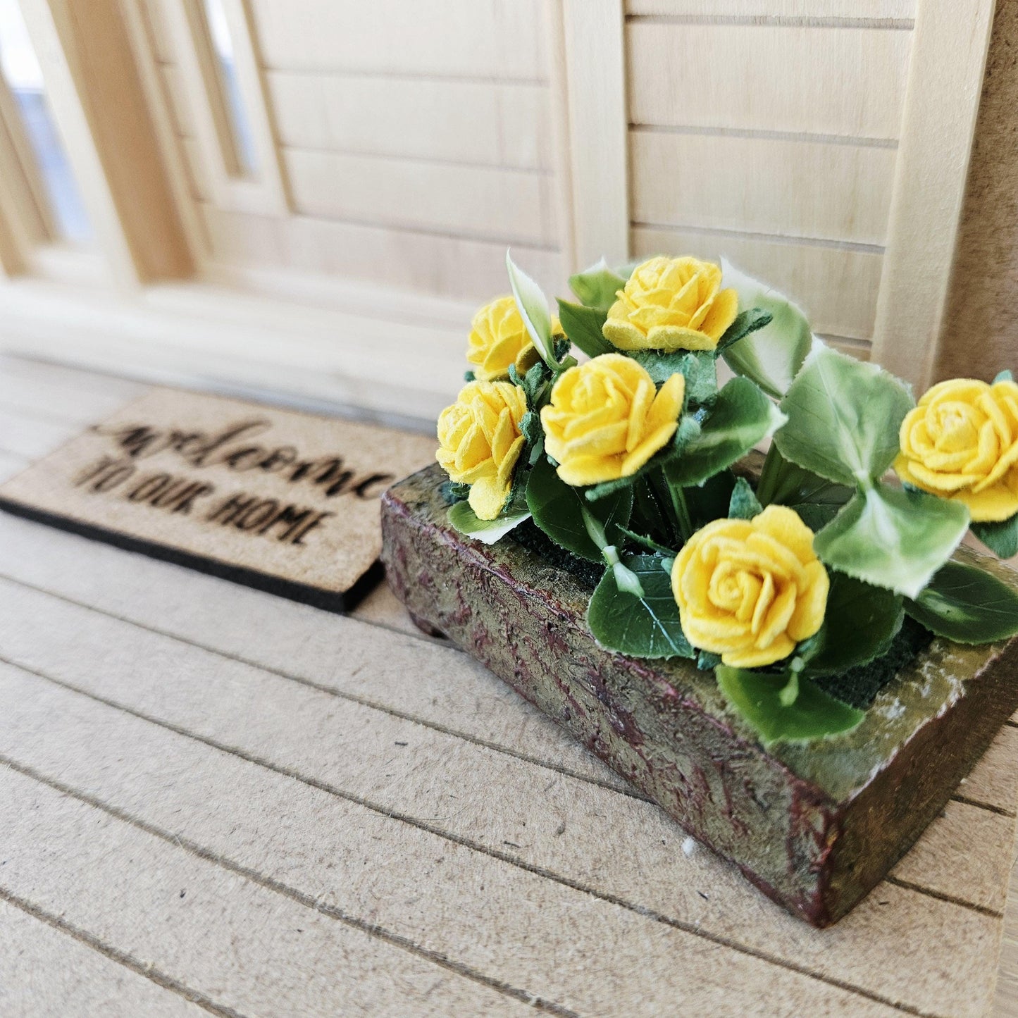Stone Effect Plant Pot with Yellow Roses | Modern Planter | 1:12 Scale