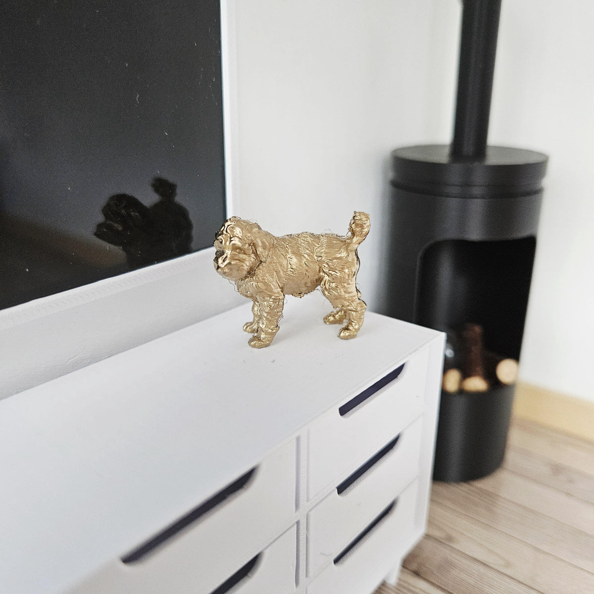Dolls House Cockapoo Dog Ornament | Miniature Pet Figure | Gold, Silver or Copper | 1:12 Scale