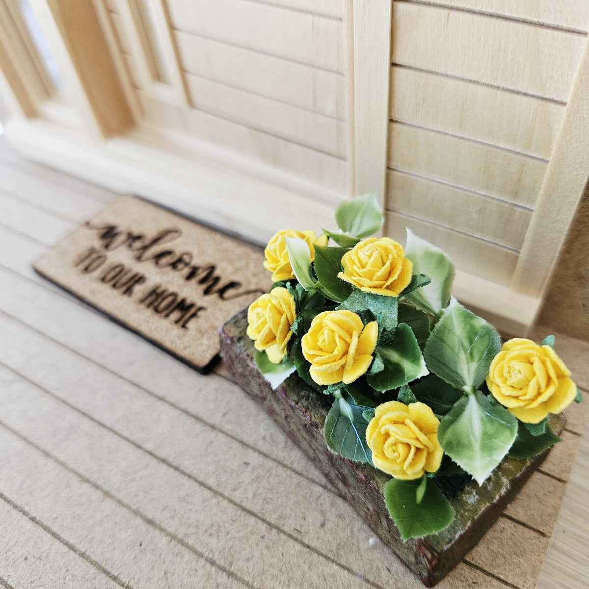 Stone Effect Plant Pot with Yellow Roses | Modern Planter | 1:12 Scale