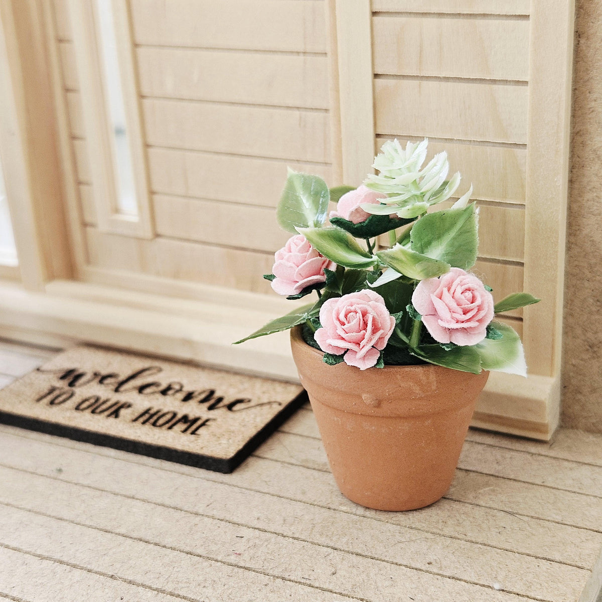 Terracotta plant pot with pink roses, 1:12th Scale, Miniature