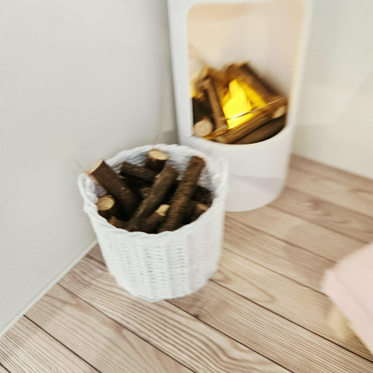 Wicker Log Basket with Firewood – alternate view 2 | 1:12 scale dolls house miniature