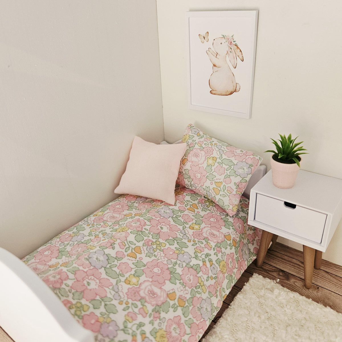 liberty floral junior bedding set in a 1:12 scale dolls house display, detail view 6