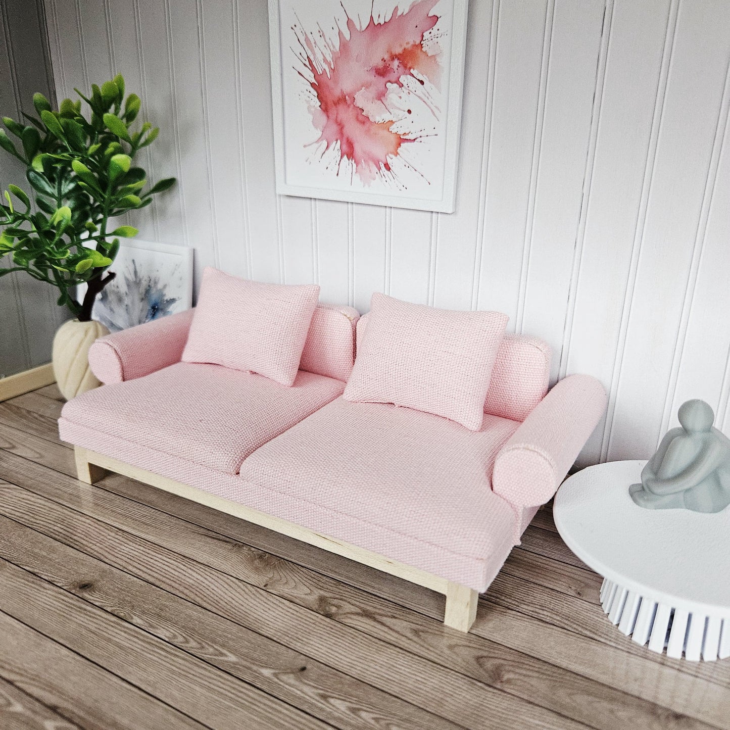 Modern Pink Dollhouse Sofa | 1:12 Scale Miniature Couch with Cushions