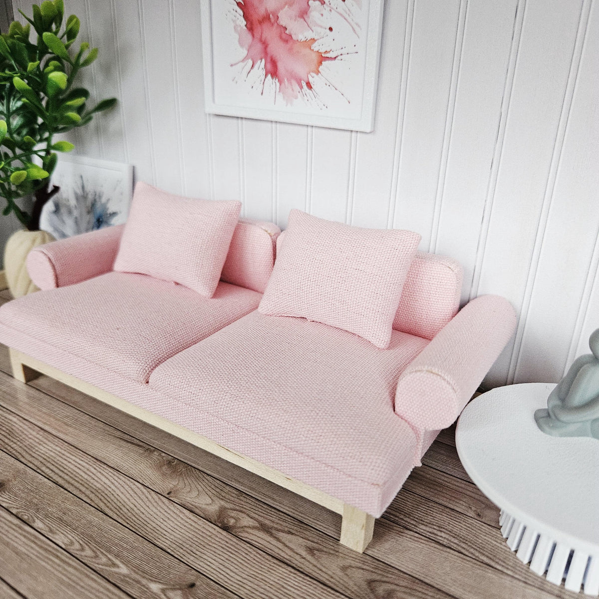 Modern Pink Dollhouse Sofa | 1:12 Scale Miniature Couch with Cushions