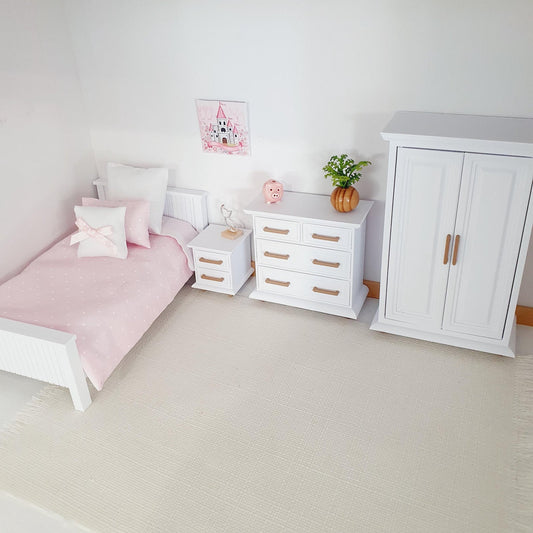 1:12 scale dolls house bedroom furniture arranged in a miniature room