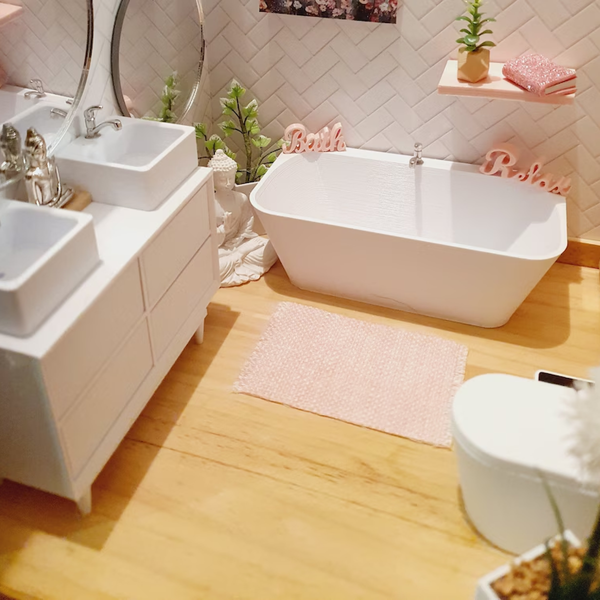 1:12 scale miniature bathroom scene with bath, vanity unit, mirrors and accessories
