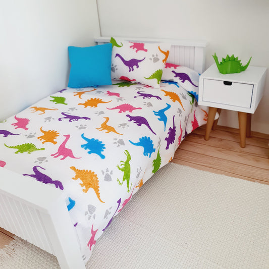 Dolls House Single Bedding Set – Colourful Dinosaur Design – 1:12 Scale