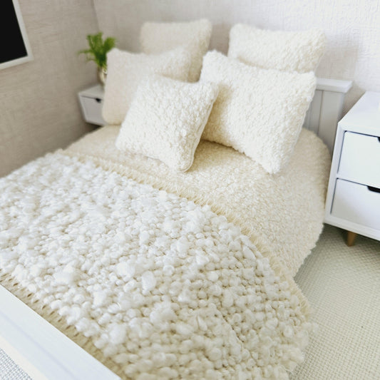 Dolls house 7 piece set, Double bedding, Cosy Cream boucle with cream throw, 12th scale bedding, miniature bed set