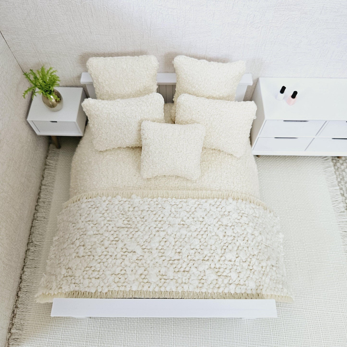 Dolls house 7 piece set, Double bedding, Cosy Cream boucle with cream throw, 12th scale bedding, miniature bed set