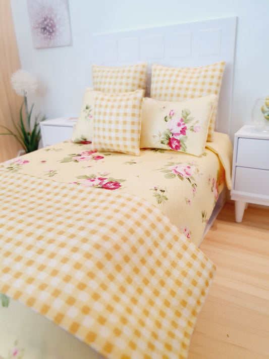 Dolls house 7 piece set, Double bedding, pretty spring yellow flower set, 12th scale bedding, miniature bed set