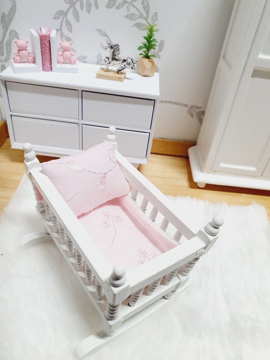 Dolls House Crib Bedding – Pink Floral Leaf Design, Handmade in England, 1:12 Scale