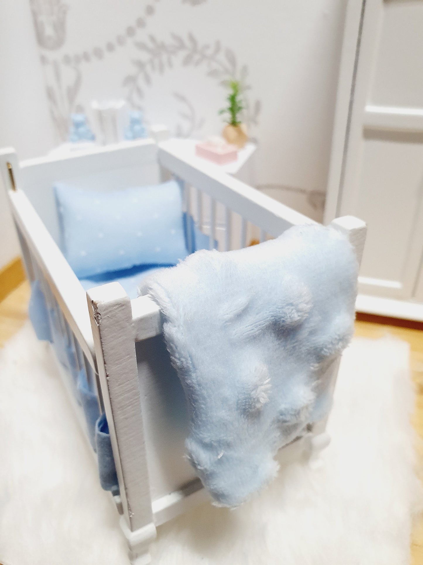 Dolls House Pretty Cot Bedding Set, Pink or Blue, 5 piece set, 12th scale, miniature bedding