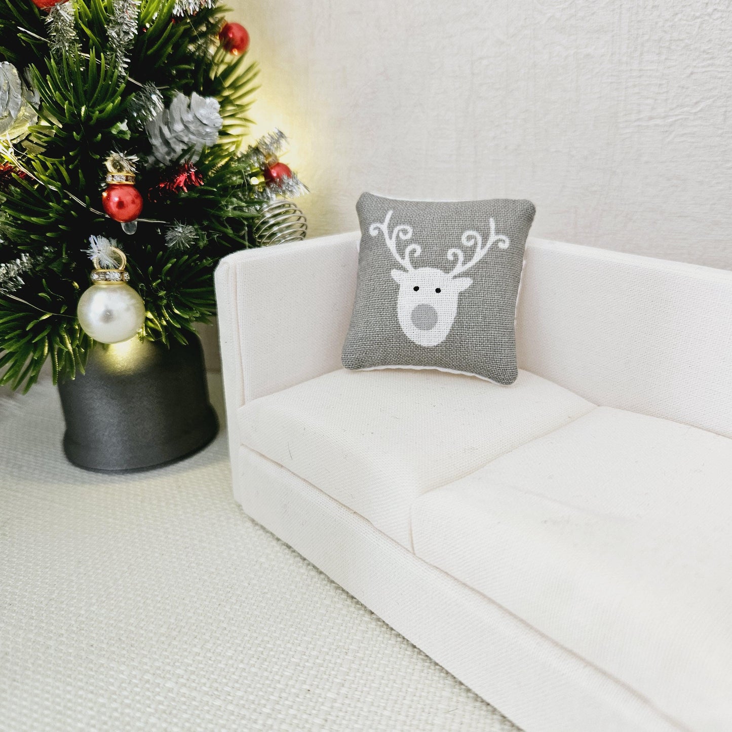 Dolls House Christmas Cushion | White Reindeer Design | Choice of Colours | 1:12 Scale Miniature