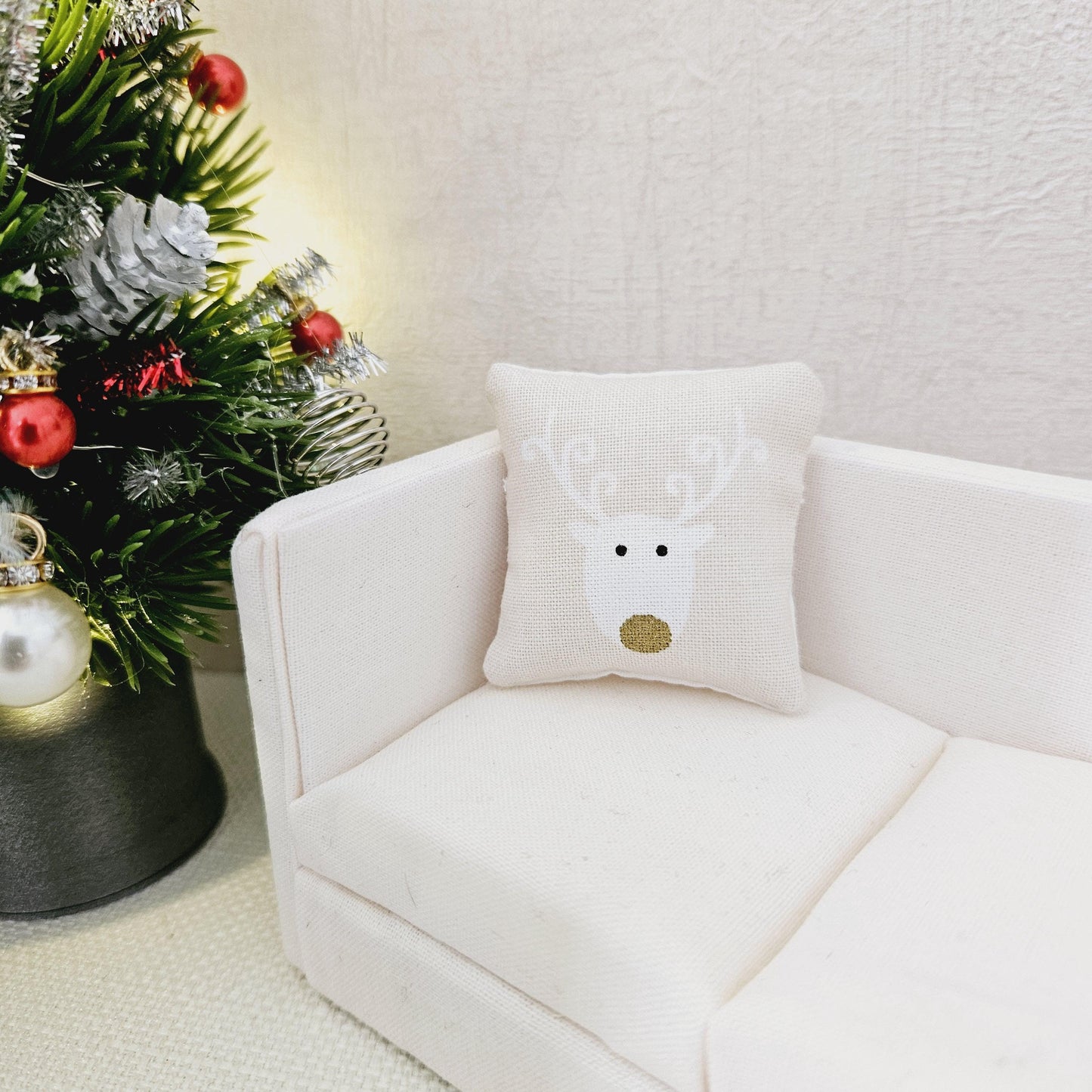 Dolls House Christmas Cushion | White Reindeer Design | Choice of Colours | 1:12 Scale Miniature