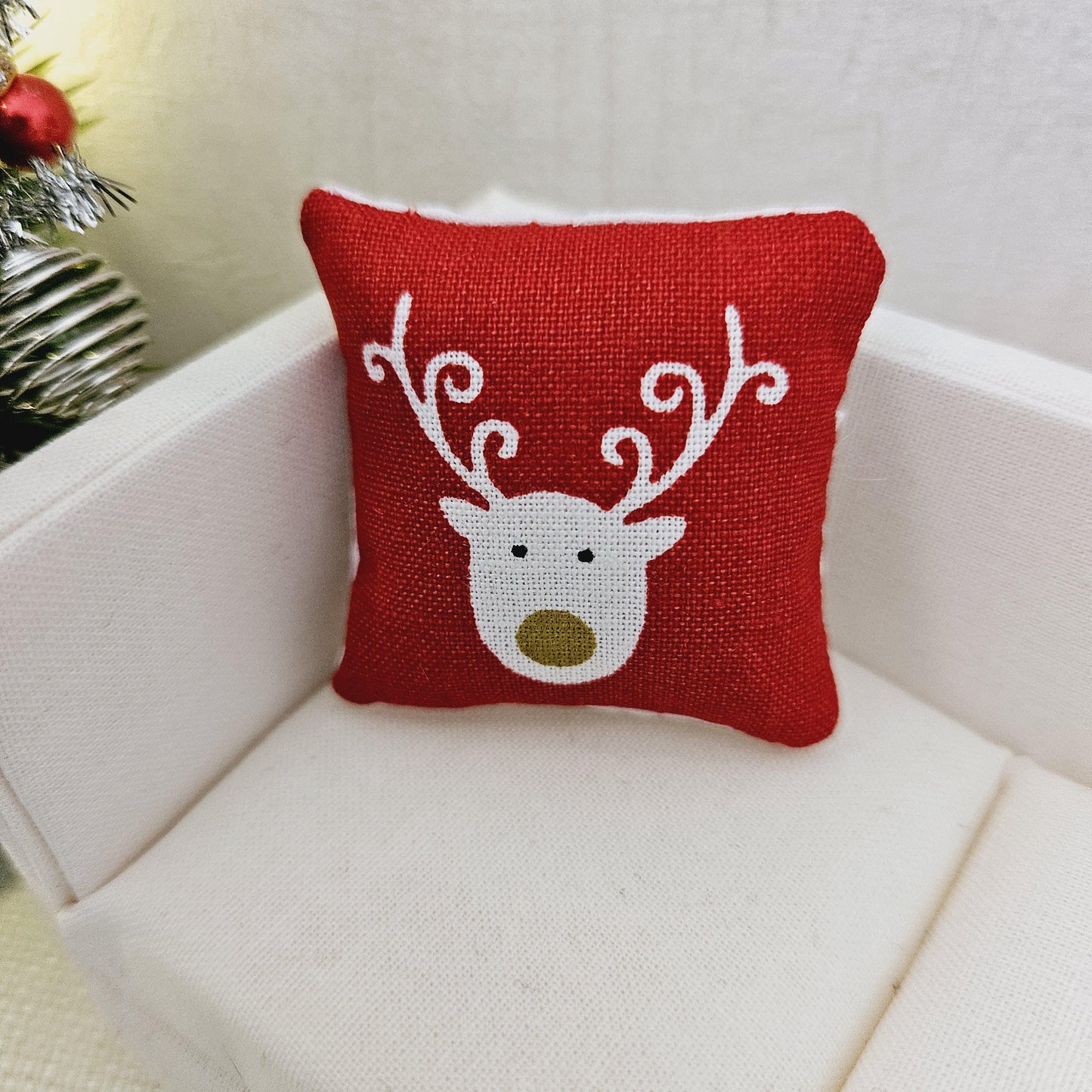 Dolls House Christmas Cushion | White Reindeer Design | Choice of Colours | 1:12 Scale Miniature