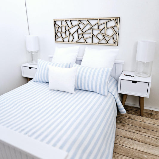 Dolls house 6 piece set, Pretty Blue & White Stripe double bedding set, 12th scale, miniature bedding