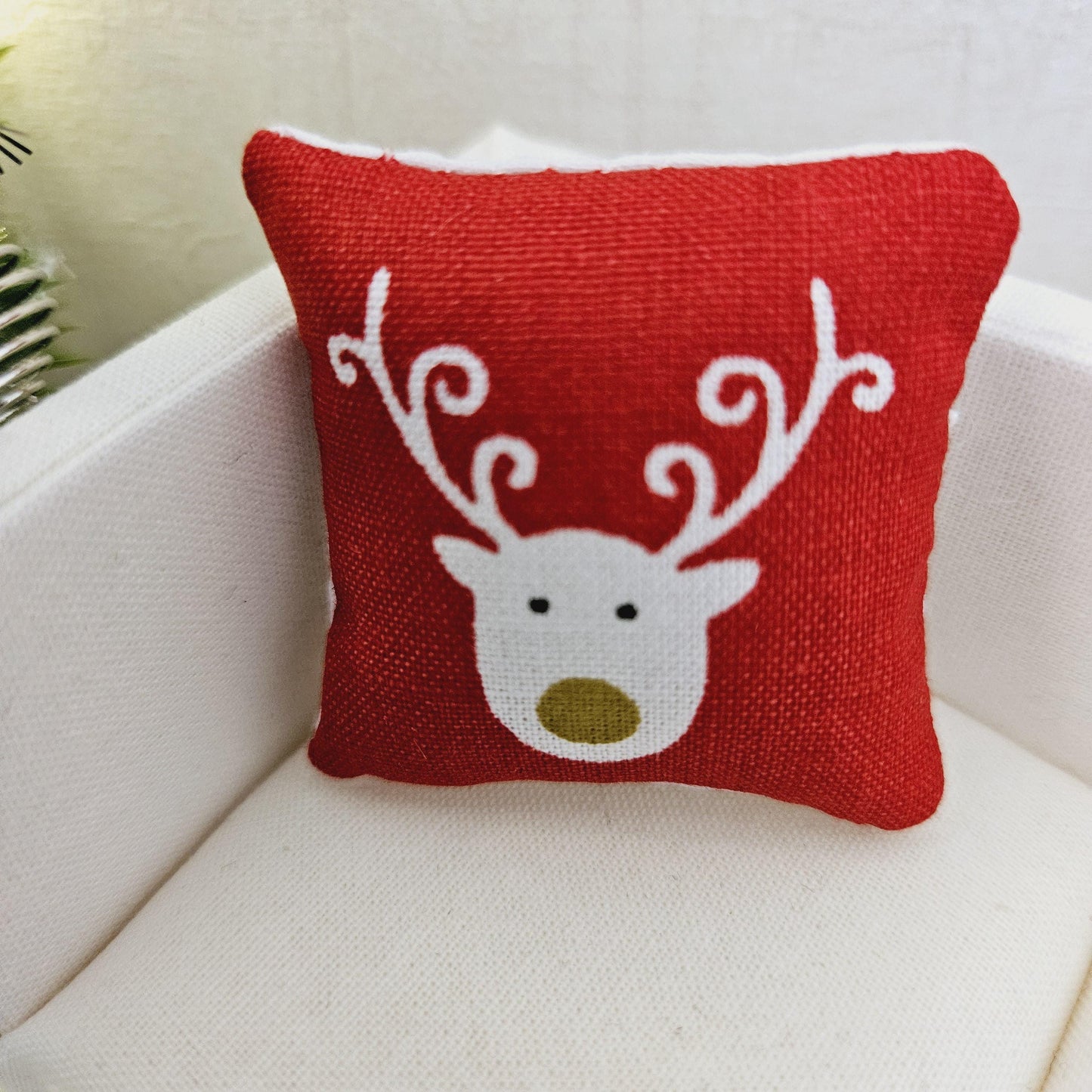 Dolls House Christmas Cushion | White Reindeer Design | Choice of Colours | 1:12 Scale Miniature