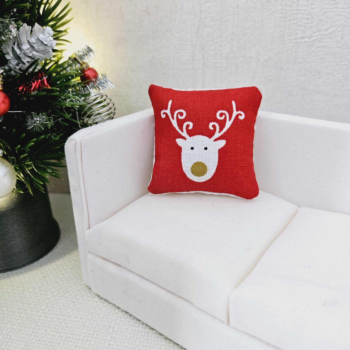 Dolls House Christmas Cushion | White Reindeer Design | Choice of Colours | 1:12 Scale Miniature