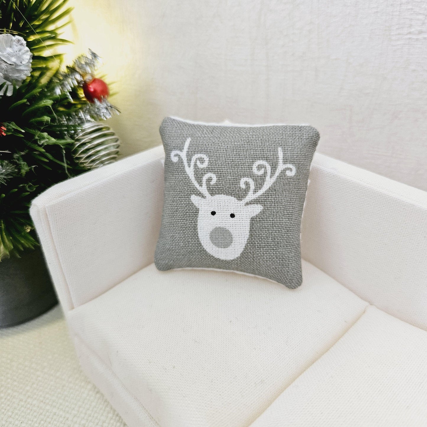 Dolls House Christmas Cushion | White Reindeer Design | Choice of Colours | 1:12 Scale Miniature