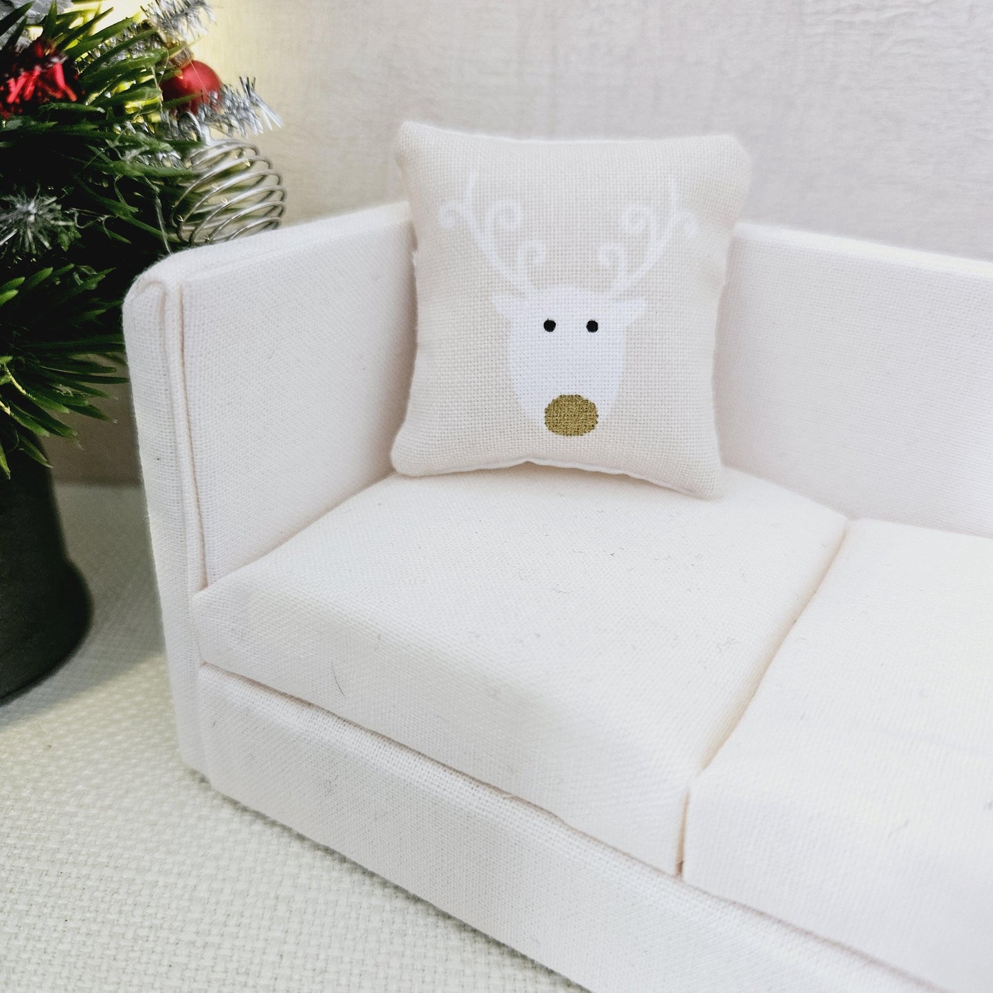 Dolls House Christmas Cushion | White Reindeer Design | Choice of Colours | 1:12 Scale Miniature