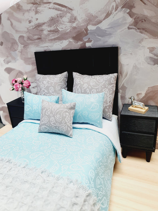 Dolls house 6 piece set, Double bedding, Blue double bedding set, 12th scale bedding, miniature bed set