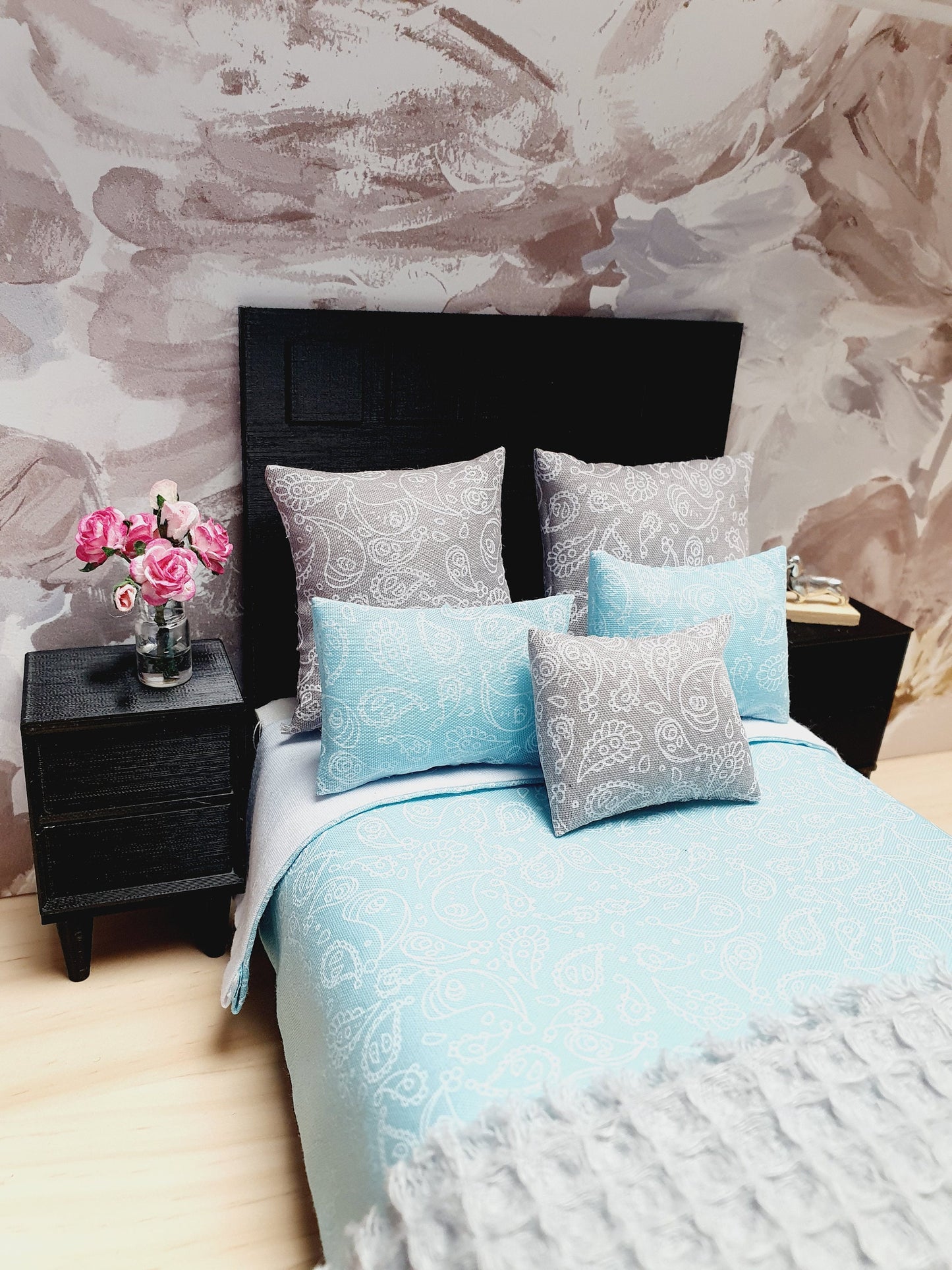 Dolls house 6 piece set, Double bedding, Blue double bedding set, 12th scale bedding, miniature bed set