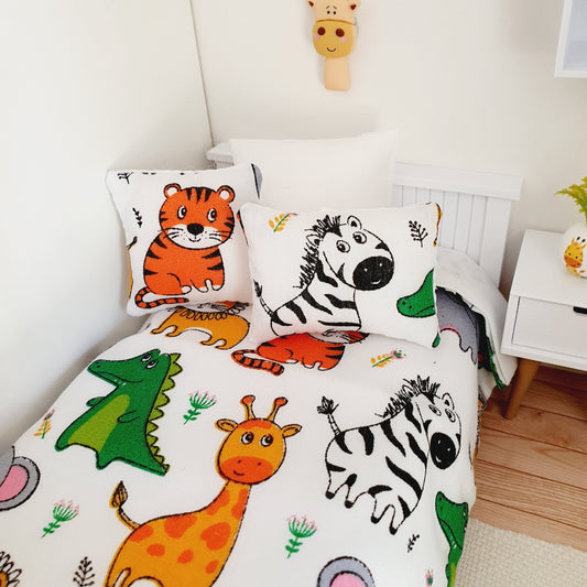 Dolls House Single Safari Bedding Set – Fun Cartoon Animal Design, 1:12 Scale, 4-Piece