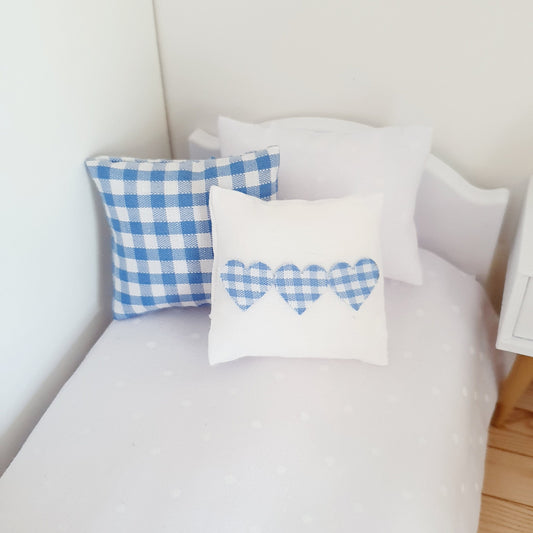 Dolls house 2x cushions, 1x Blue check & 1x white with blue check Love Hearts, 12th scale cushions, miniature cushions