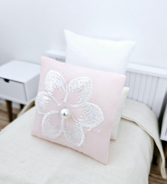 Dolls House Pretty Pink with White Flower Cushion, 12th scale cushions, miniature cushion
