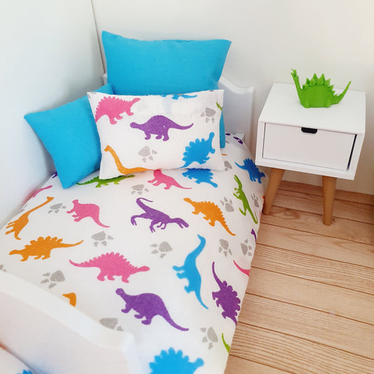 Dolls House Junior Bedding Set – Dinosaur Design with Blue Cushion, Handmade in England, 1:12 Scale