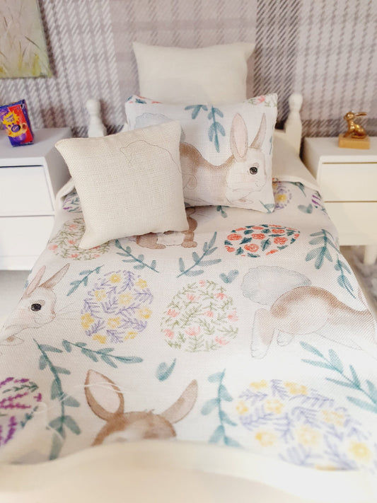 Dolls House Easter Bunny Bedding Set – 4-Piece Single, 1:12 Scale Miniature Bed Set