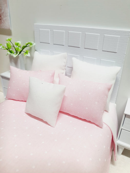 Dolls house Double Bed bedding, Pretty Polka Dots, 6 Piece Set, Choice of Colours, 12th scale bedding, Miniature bed set