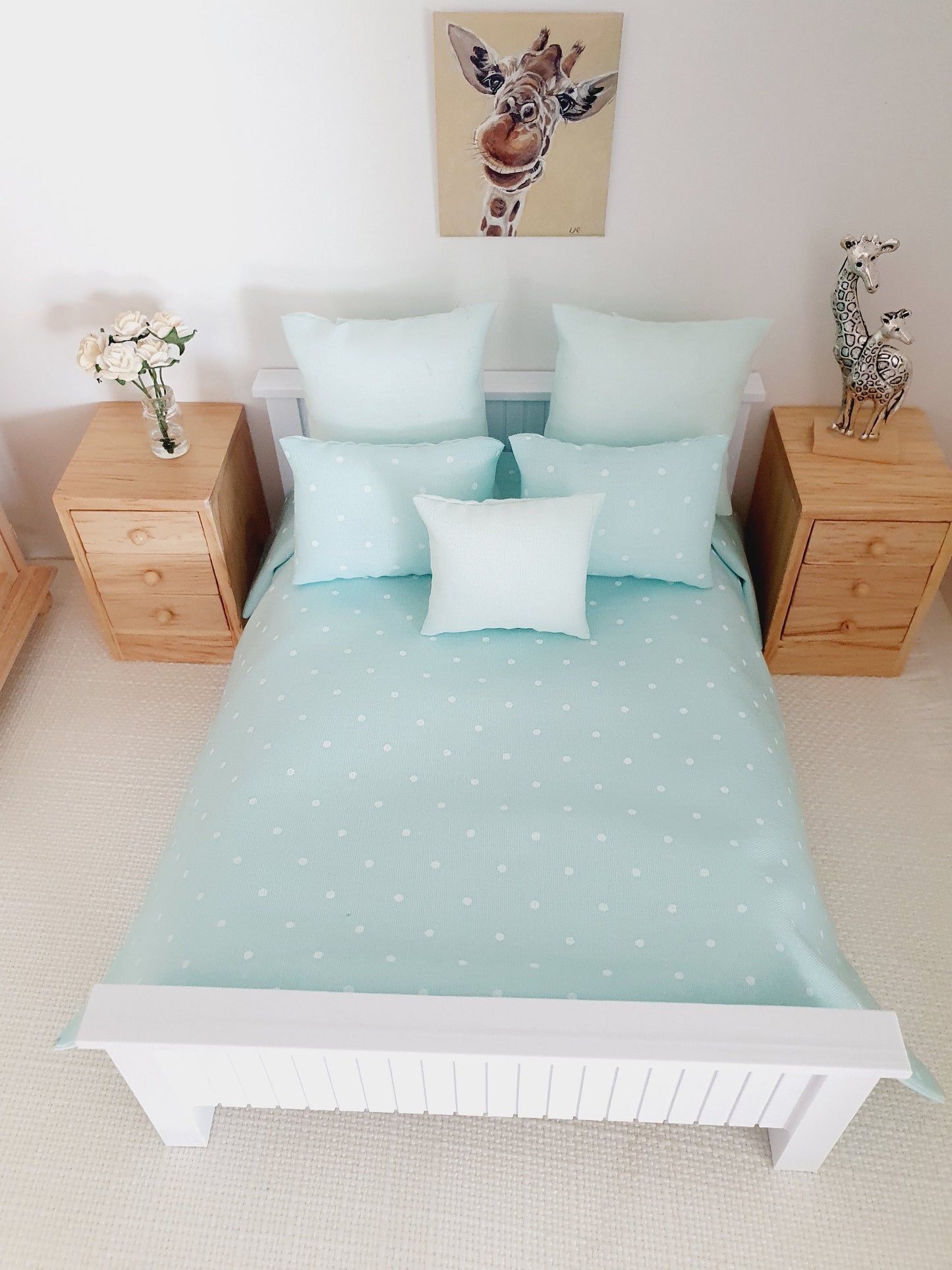 Dolls house 6 piece set, Double bedding, Mint Polka Dot print, 12th scale bedding, miniature bed set