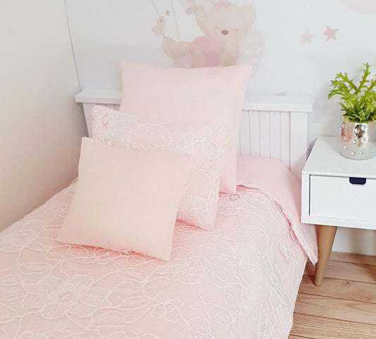 Dolls House Pink Lace Single Bedding Set, 4 Piece  12th scale bedding, miniature bed set
